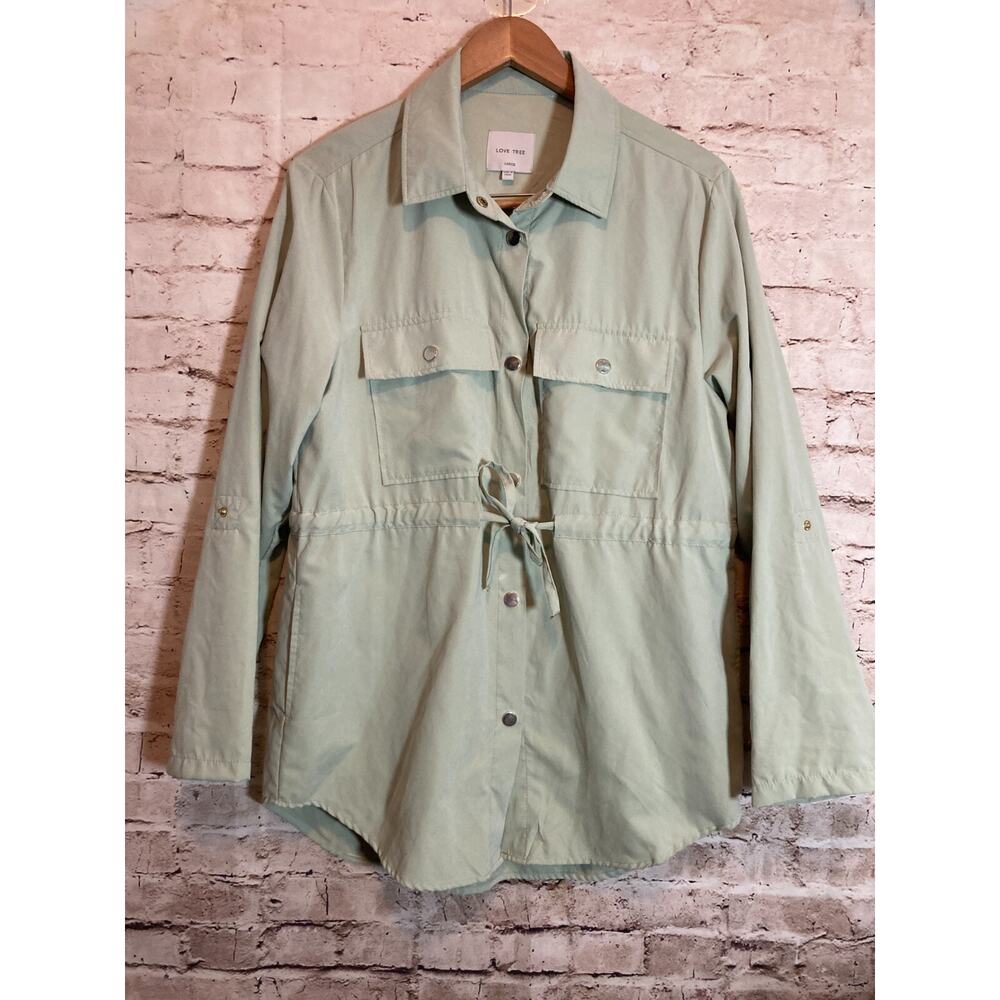 Love Tree Jacket Womens Large Mint‎ Green Lightweight Drawstring Safari Snap Up